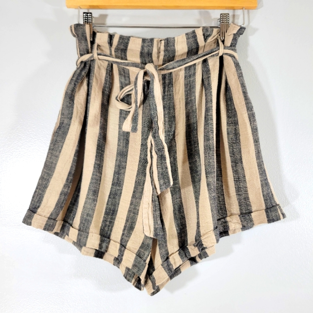 URBAN OUTFITTERS linen blend striped belted cuffed paper bag shorts